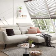 Ecksofa EM Lamego – Rückenlehne, Kopfteil und Armteil verstellbar, Stoff, Beige