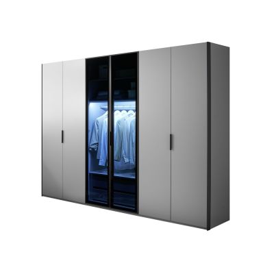 Drehtürenschrank EM Lascala 6-türig –  mit Beleuchtung und Schubkasteneinsatz, B. ca. 300 cm, seidengrau, Glas