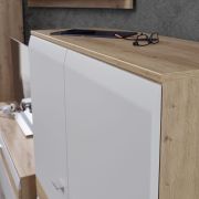 Wohnwand EM Teolo – mit Wandboard und Beleuchtung und geschroppter Rückwand, Alteiche, Lichtgrau