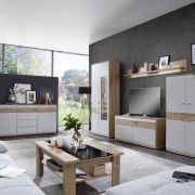 Wohnwand EM Teolo – mit Wandboard und Beleuchtung und geschroppter Rückwand, Alteiche, Lichtgrau