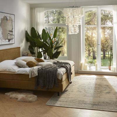 Boxspringbett Valencia – Liegefläche ca. 180×200 cm, Stoff, Senfgelb