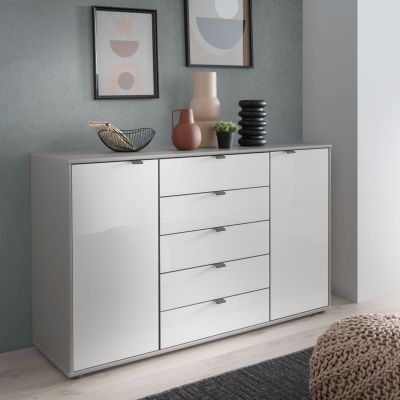 Kommode Marbella – Lack, Grau, Glas, Weiß