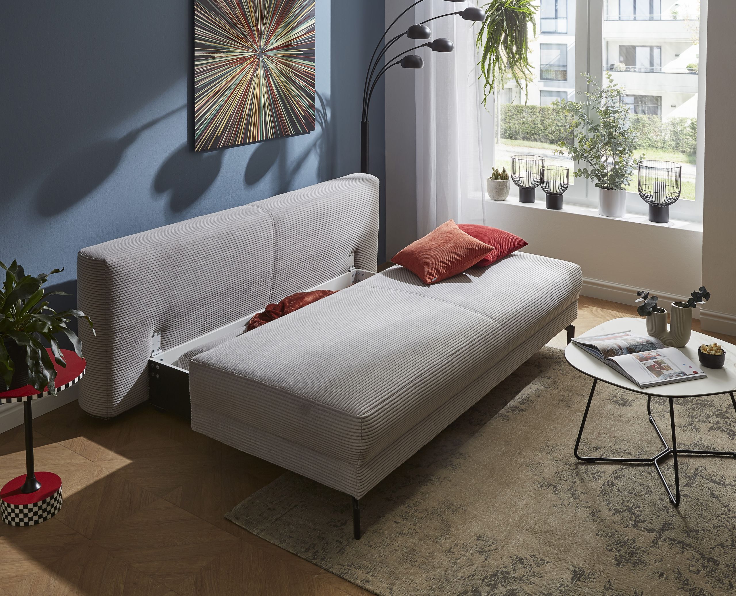 Schlafsofa Salema – 3-Sitzer mit Schlaffunktion (Liegefläche ca. 150x200cm), Stoff, Hellgrau