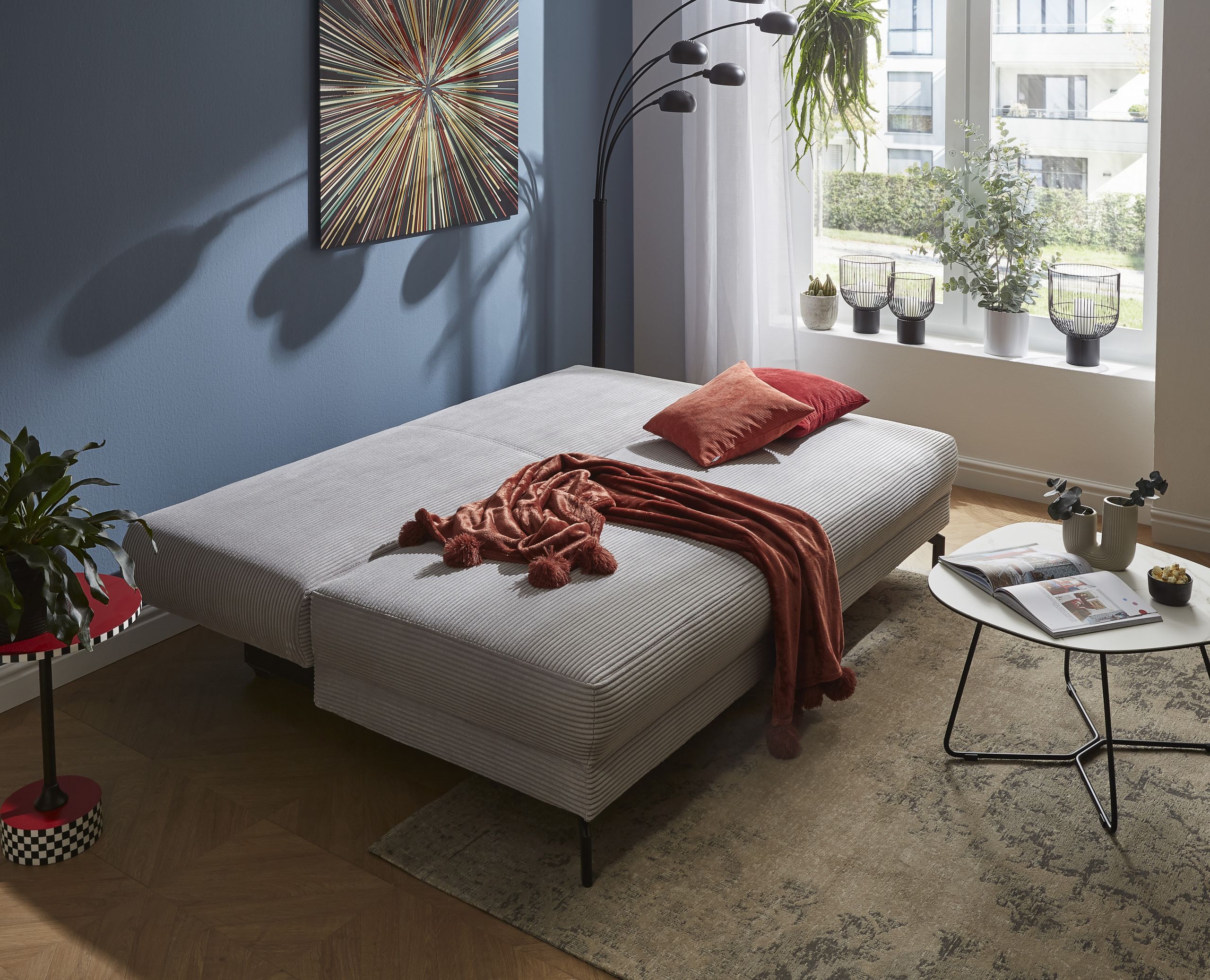 Schlafsofa Salema – 3-Sitzer mit Schlaffunktion (Liegefläche ca. 150x200cm), Stoff, Hellgrau