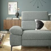 Ecksofa Felipa – 3-Sitzer mit Longchair rechts inkl. Relaxfunktion (motorisch), Armlehne und Kopfteil verstellbar, Stoff, Graugrün