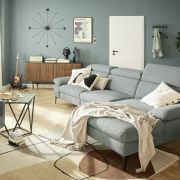 Ecksofa Felipa – 3-Sitzer mit Longchair rechts inkl. Relaxfunktion (motorisch), Armlehne und Kopfteil verstellbar, Stoff, Graugrün
