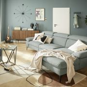 Ecksofa Felipa – 3-Sitzer mit Longchair rechts inkl. Relaxfunktion (motorisch), Armlehne und Kopfteil verstellbar, Stoff, Graugrün
