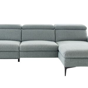 Ecksofa Felipa – 3-Sitzer mit Longchair rechts inkl. Relaxfunktion (motorisch), Armlehne und Kopfteil verstellbar, Stoff, Graugrün