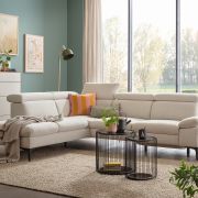 Ecksofa Felipa – Ecke links mit 2,5 -Sitzer rechts inkl. Relaxfunktion (motorisch), Sitzvorzug (motorisch) und Armlehne klappbar, Stoff, Natur