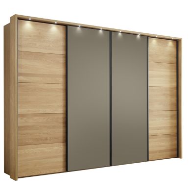 Schwebetürenschrank Lenoso – B. ca. 340 cm, Eiche massiv, Glas, Graubraun