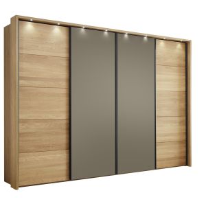 Schwebetürenschrank Lenoso – B. ca. 340 cm, Eiche massiv, Glas, Graubraun