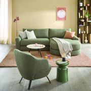 Ecksofa Almeria – 1,75-Sitzer mit runden Longchair rechts, Stoff, Schlammgrün