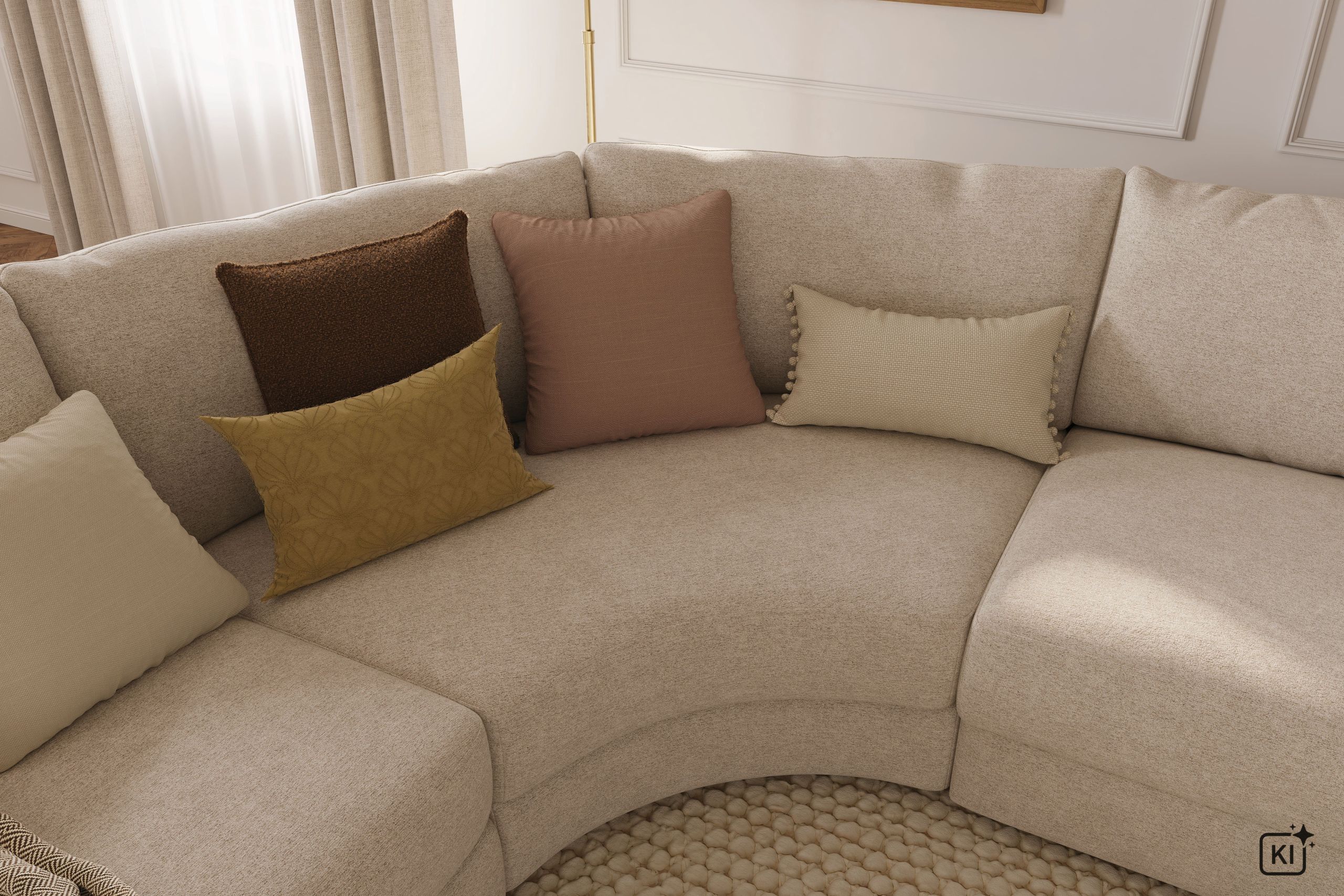 Ecksofa Almeria – Rundecke und Abschlussteil mit 2-Sitzer rechts, Stoff, Offwhite
