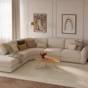 Ecksofa Almeria – Rundecke und Abschlussteil mit 2-Sitzer rechts, Stoff, Offwhite