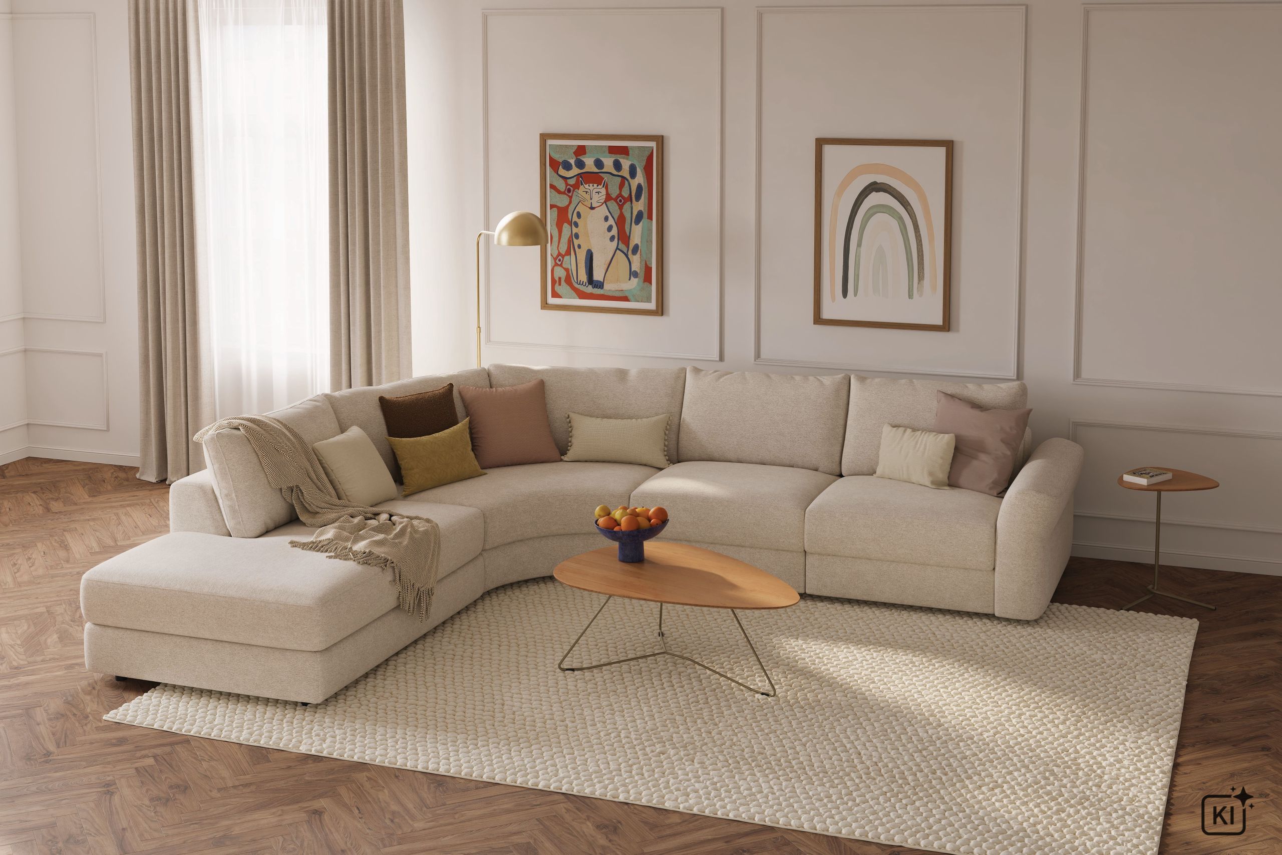 Ecksofa Almeria – Rundecke und Abschlussteil mit 2-Sitzer rechts, Stoff, Offwhite