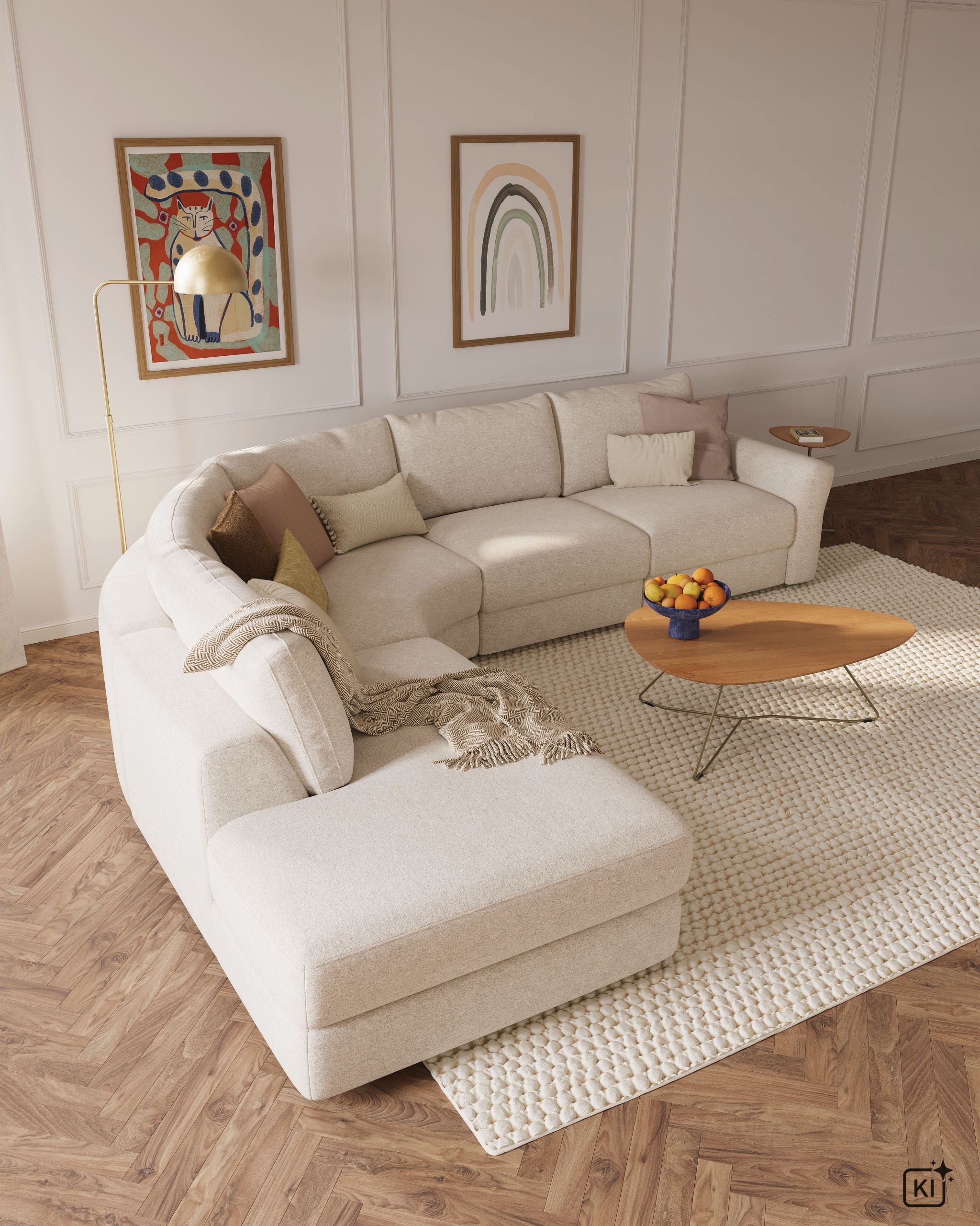 Ecksofa Almeria – Rundecke und Abschlussteil mit 2-Sitzer rechts, Stoff, Offwhite