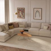 Ecksofa Almeria – Rundecke und Abschlussteil mit 2-Sitzer rechts inkl. Zwischenelement, Stoff, Offwhite
