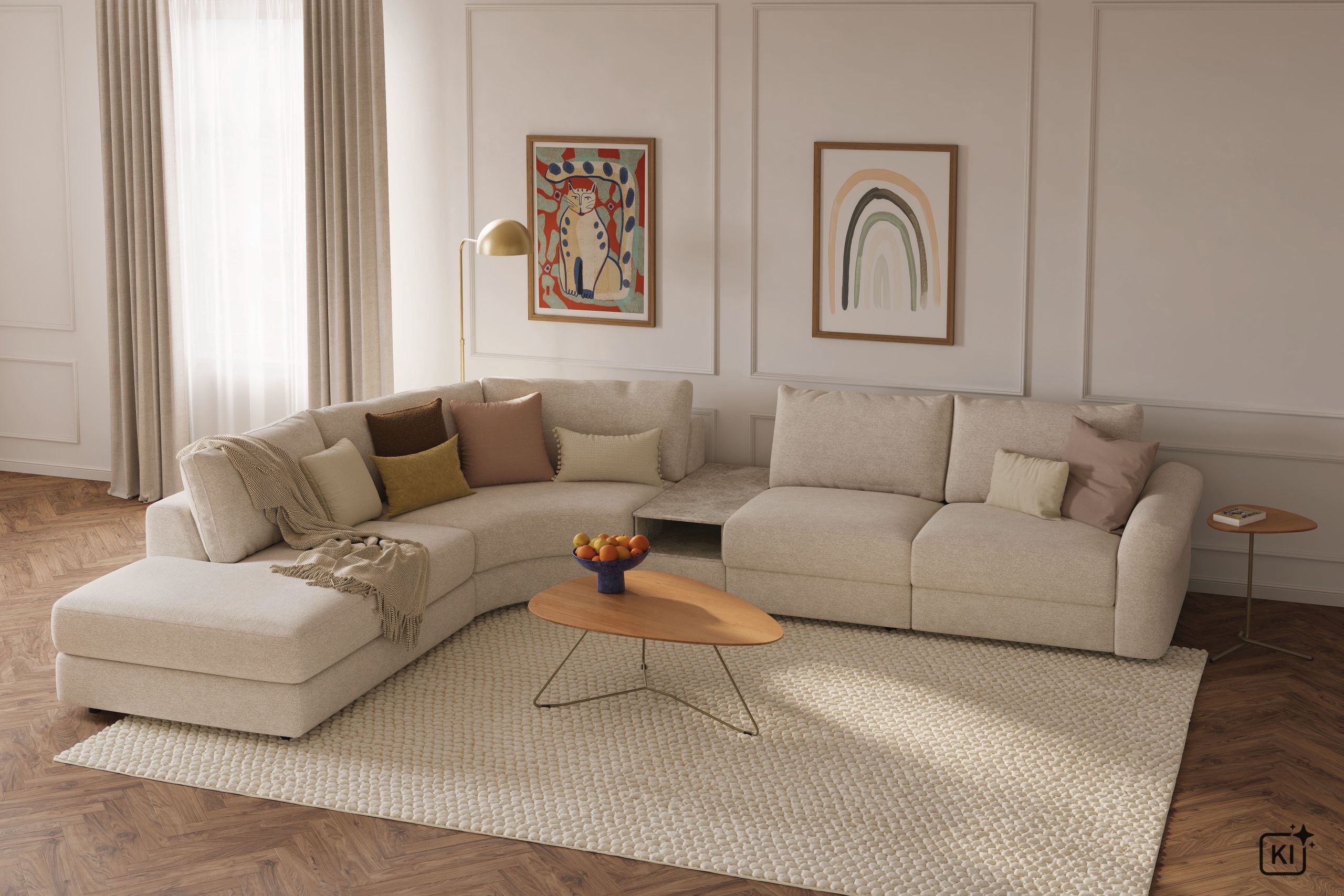 Ecksofa Almeria – Rundecke und Abschlussteil mit 2-Sitzer rechts inkl. Zwischenelement, Stoff, Offwhite