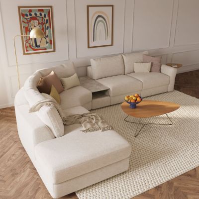 Ecksofa Almeria – Rundecke und Abschlussteil mit 2-Sitzer rechts inkl. Zwischenelement, Stoff, Offwhite