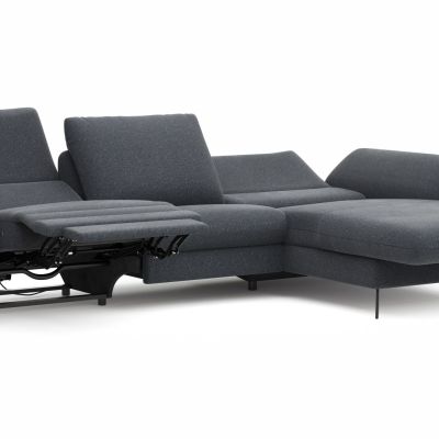 Ecksofa Gotera – 1,5-Sitzer med + 1,5-Sitzer med mit Longchair groß rechts inkl. Schlaffunktion (teilmotorisch), Armlehne klappbar, Rückenlehne verstellbar  und einmal Relaxfunktion (teilmotorisch), Stoff, Anthrazit