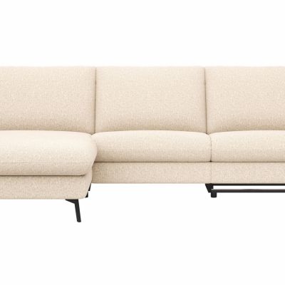 Ecksofa Gotera – Longchair groß mit 1,5-Sitzer med + 1,5-Sitzer med rechts inkl. Schlaffunktion (teilmotorisch), Armlehne klappbar, Rückenlehne verstellbar  und einmal Relaxfunktion (teilmotorisch), Stoff, Creme