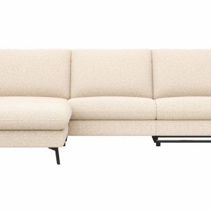Ecksofa Gotera – Longchair groß mit 1,5-Sitzer med + 1,5-Sitzer med rechts inkl. Schlaffunktion (teilmotorisch), Armlehne klappbar, Rückenlehne verstellbar  und einmal Relaxfunktion (teilmotorisch), Stoff, Creme