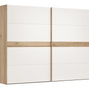 Schwebetürenschrank Viana – B ca. 301 cm, Lack, Weiß, Riffholz, Balkeneiche