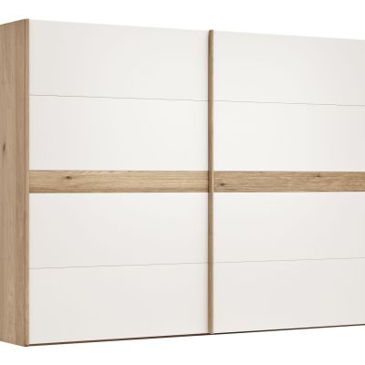 Schwebetürenschrank Viana – B ca. 301 cm, Lack, Weiß, Riffholz, Balkeneiche