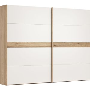 Schwebetürenschrank Viana – B ca. 301 cm, Lack, Weiß, Riffholz, Balkeneiche