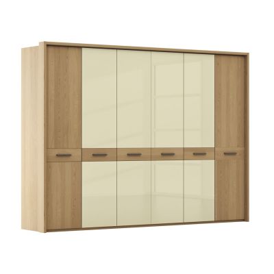 Drehtürenschrank Lenoso – B. ca. 306 cm, Eiche massiv, Glas, Champagner