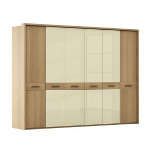 Drehtürenschrank Lenoso – B. ca. 306 cm, Eiche massiv, Glas, Champagner